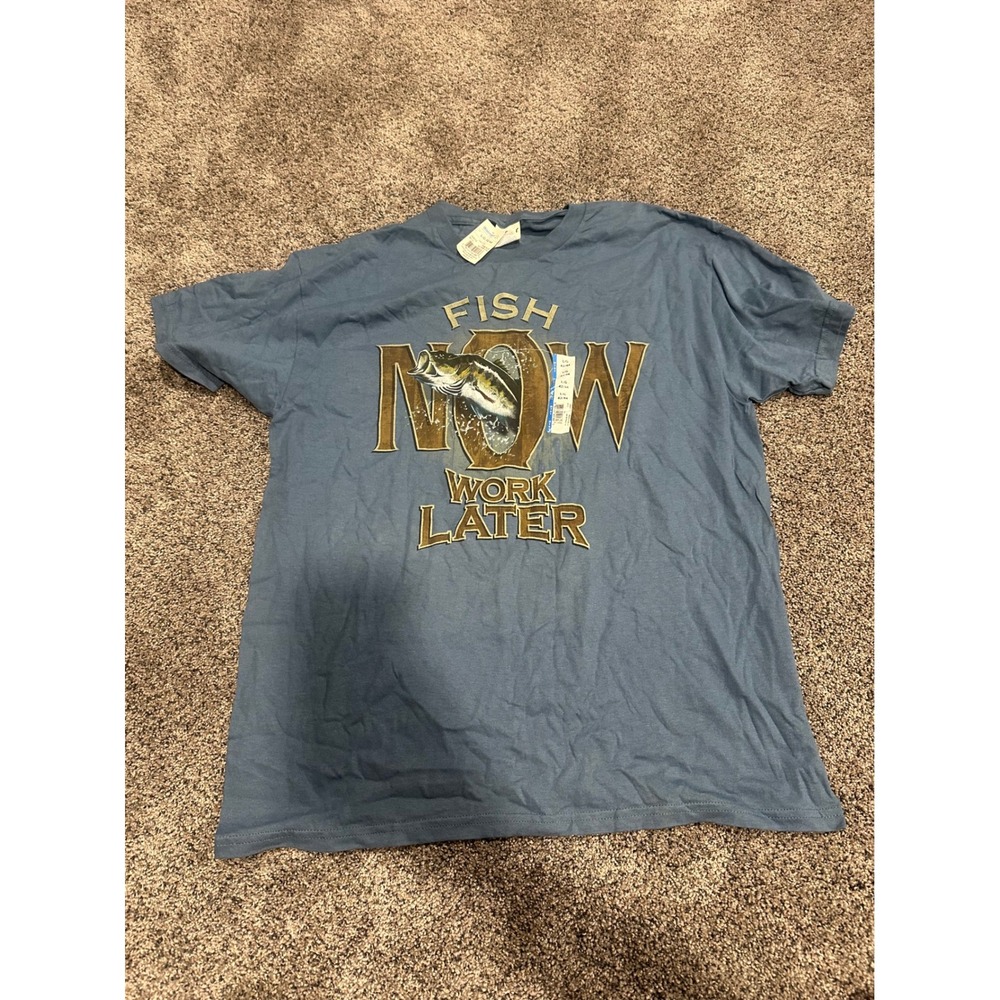 Walmart Mens Fish Now Work Later Graphic T-Shirt Blue Large Bass Fishing NWT